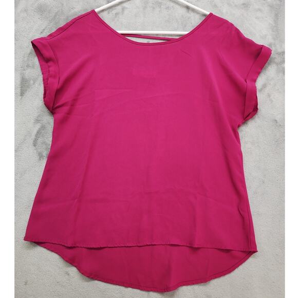 Pink Rose Scoop Neck Lattice Cutout Back Cuffed Sleeve Blouse Size M Pink Office - Picture 1 of 8